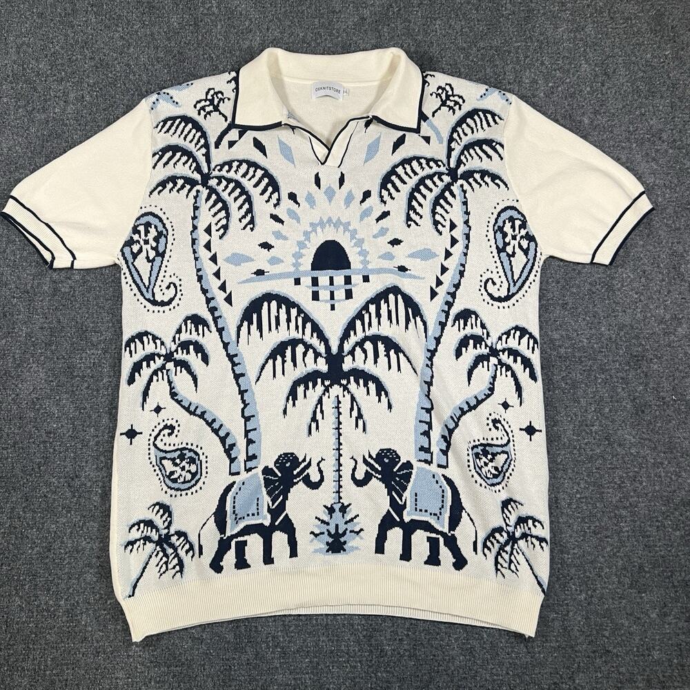 OXKNIT Mens 3XL Cream Knit Polo Shirt Short Sleeve Cotton 70s Safari
